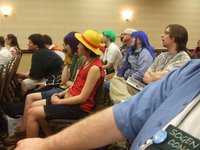 A bunch of One Piece cosplayers in a One Piece panel