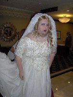 A bride on the way to the Cosplay Mass Wedding.