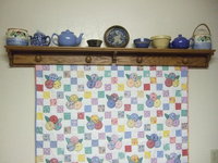 One of my shelves, and one of my wife's many quilts.